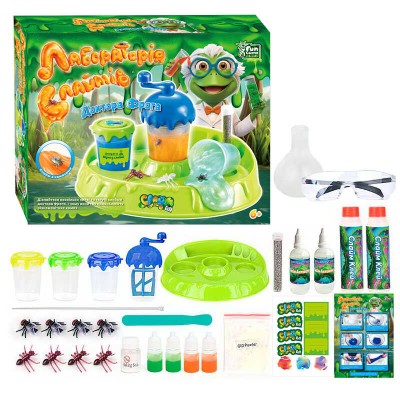 гр Лаборатория слаймов 24889 (12/2) "4FUN Game Club", клей для слайма, активатор, набор насекомых, очки, люминесцентный порошок, блестки, краски, смеситель, стаканы, в коробке