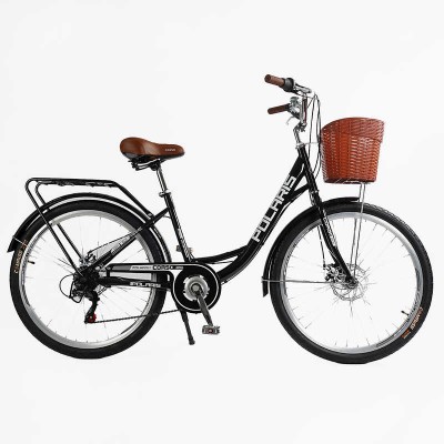 Велосипед городской Corso «Polaris» 26`` PS-80110 + КОРЗИНА (1) ЧЕРНАЯ стальная рама 16.5``, Shimano 7 скоростей, корзина, багажник