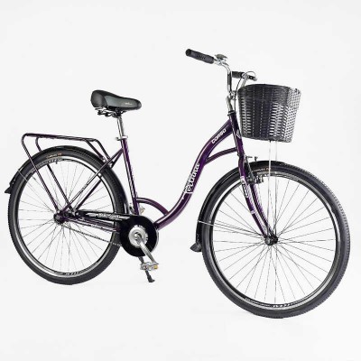 Велосипед городской Corso «FORTUNA» 28” FR-28077 + КОШКА (1) ТЕМНО-ФИОЛЕТОВЫЙ, односкоростной, стальная рама 20”, корзина, багажник