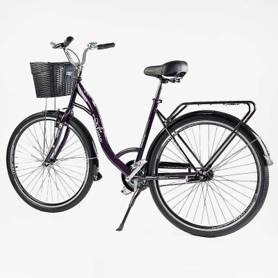 Велосипед городской Corso «FORTUNA» 28” FR-28077 + КОШКА (1) ТЕМНО-ФИОЛЕТОВЫЙ, односкоростной, стальная рама 20”, корзина, багажник