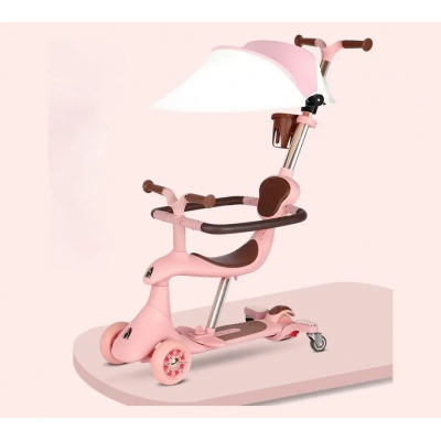 Детский самокат-трансформер складной 4в1 с родительской ручкой розовый Maraton (M7-10)