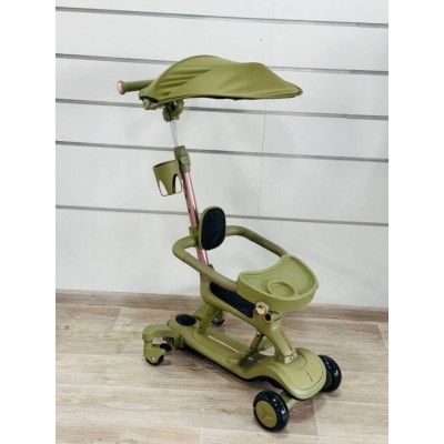 Самокат-трансформер 4в1 дитячий (біговел батьківська ручка сидіння) оливковий Maraton (X2)