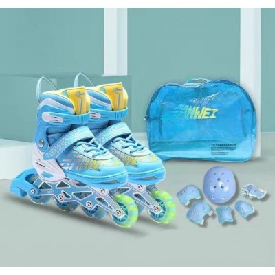 Детские раздвижные ролики с набором защиты и шлемом размер 31-34 для девочки и мальчика (BW-168S) голубые