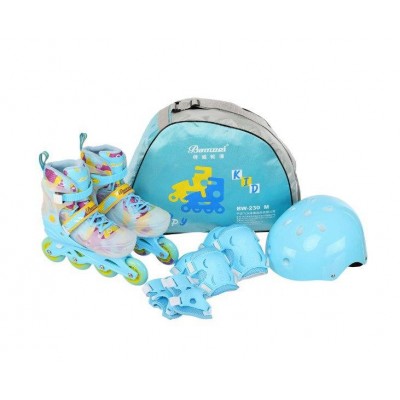 Детские раздвижные ролики с набором защиты и шлемом размер 31-34 для девочки и мальчика (BW-230S) голубые