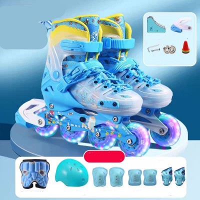 Детские раздвижные ролики с набором защиты и шлемом размер 31-34 для девочки и мальчика (STL-155S) голубые