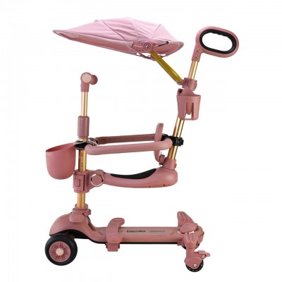 Детский трехколесный самокат с родительской ручкой и козырьком (складной, с подстаканником) розовый для девочки (SC822)