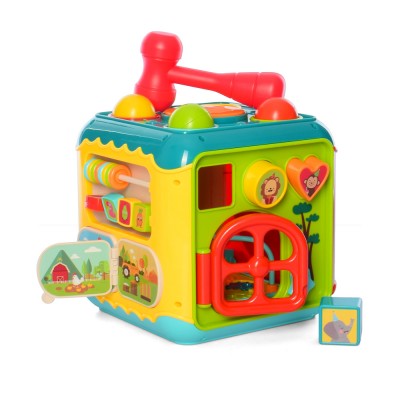 Развивающий бизидомик Логический куб (музыкальный, с подсветкой, стучалка, пианино, подвижные детали) (HE0533)