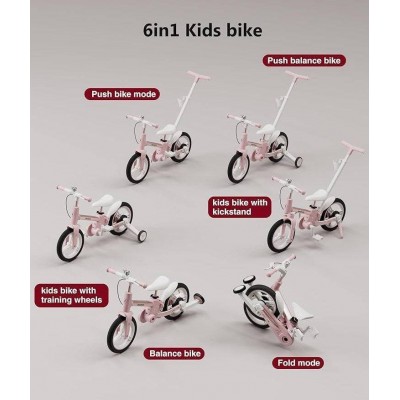 Дитячий велосипед трансформер 12 дюймів 6в1 (біговел з батьківською ручкою, складаний) для дівчинки (Strider)