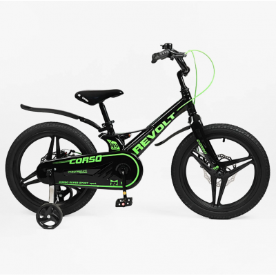 Велосипед дитячий двоколісний магнієвий 18 дюймів (литі диски) з додатковими колесами чорно-зелений Corso Revolt  (RV-18006)