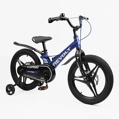 Велосипед дитячий двоколісний магнієвий 18 дюймів (литі диски) з додатковими колесами синій для хлопчика Corso Revolt (RV-18103)