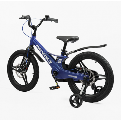 Велосипед дитячий двоколісний магнієвий 18 дюймів (литі диски) з додатковими колесами синій для хлопчика Corso Revolt (RV-18103)