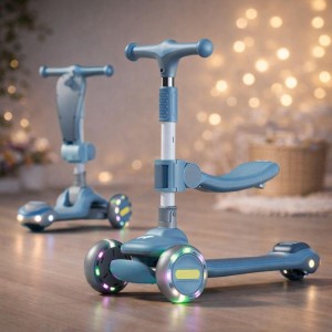 Самокат детский трехколесный с сидением (подсветка колес, музыка, Bluetooth, складной) синий (KYS-2024 A6)