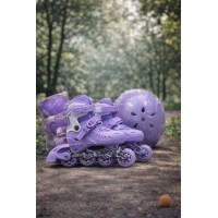 Дитячі розсувні ролики з набором захисту та шоломом розмір 35-38 фіолетові для дівчинки (817T M (35–38)) Дитячі розсувні ролики з набором захисту та шоломом розмір 35-38 фіолетові для дівчинки (817T M (35–38))