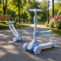 Детский трехколесный самокат с сидением (музыка, подсветка колес и деки, Bluetooth, складной) для мальчика и девочки голубой (018) Детский трехколесный самокат с сидением (музыка, подсветка колес и деки, Bluetooth, складной) для мальчика и девочки голубой (018)